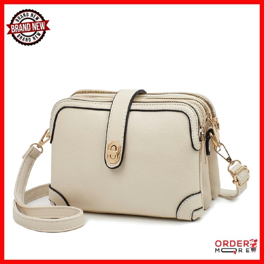 Small PU Leather Crossbody Bag with 3 Zippered Pockets, Adjustable Strap